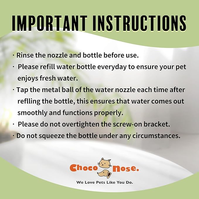 Choco Nose No-Drip Water Bottle Feeder for Guinea Pigs, Hamsters, Bunnies, Ferrets, & Small Pets, 10.2 fl.oz, 300ml - Easy to Install in Cages/Crates, US Patented Leakproof Nozzle 10mm, Blue (C128)