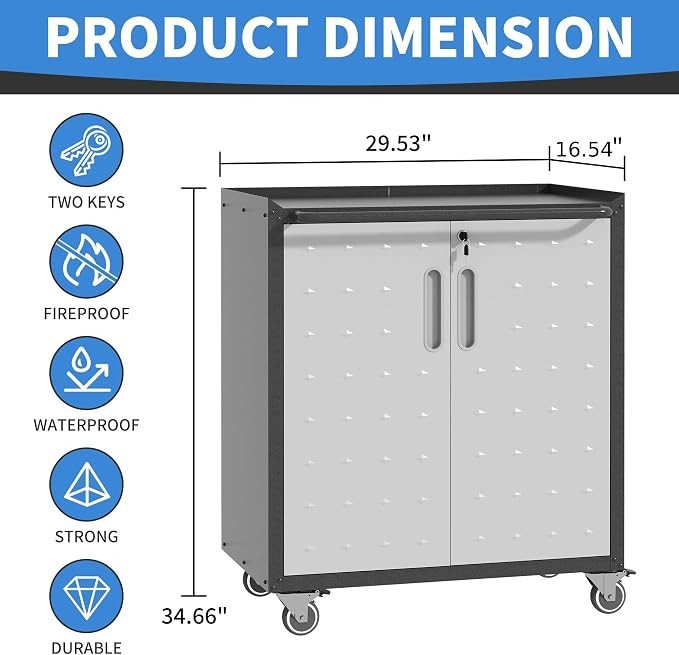 Metal Storage Cabinet for Garage, Tool Cabinet, Utility Cabinet | Wheeled, Rolling Tool Cabinet, Lockable, 2 Doors, Adjustable Shelves, Top Countertop, Assembly Required, Black & Grey