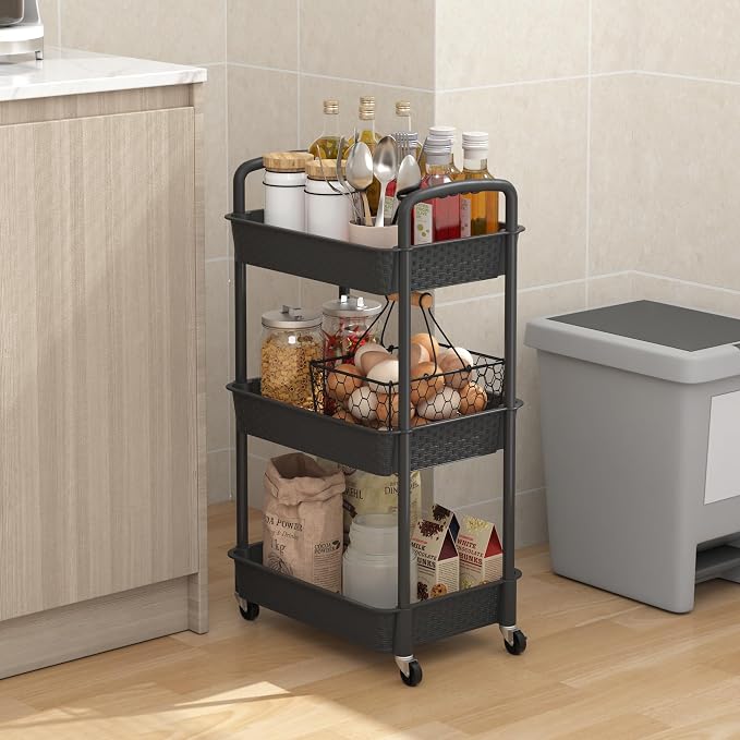 MOYIPIN 3-Tier Plastic Rolling Utility Cart with Handle,Black | Utility Storage Cart for Office, Living Room, Kitchen,Movable Storage Organizer，Easy installation，Rattan-like art design