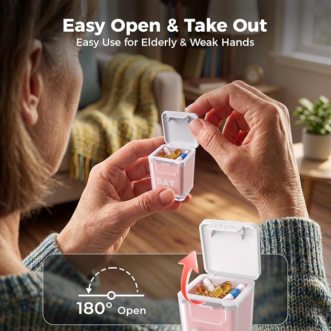 ODARO Extra Large Weekly Pill Organizer Once A Day - Pink | Large Capacity, Big Font, Wide Opening Easy For Seniors, Detachable Portable, Spill Proof, BPA Free