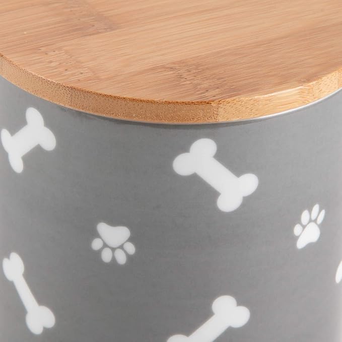Bone Dry Ceramic Canister with Bamboo Lid, Paw & Bone Collection, Treat Jar, 4x6.5", Gray