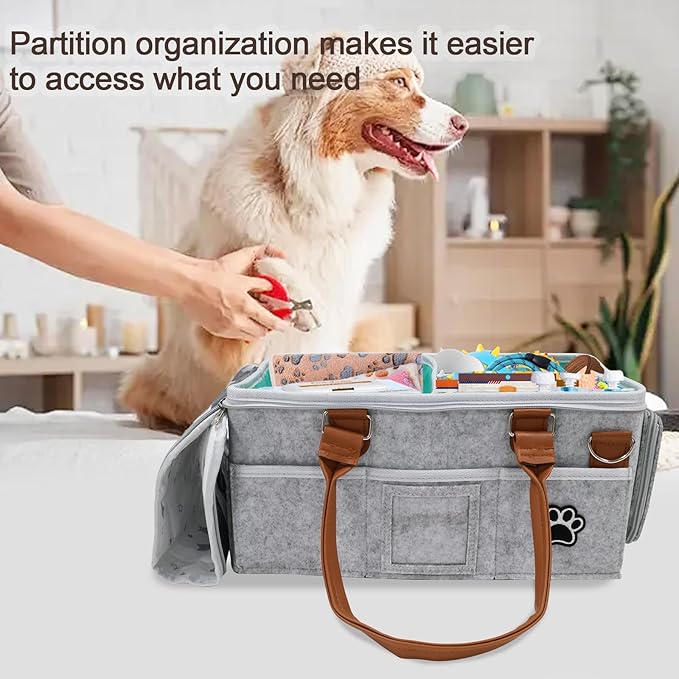 Felt Dog Grooming Bag,Portable Tote Bag for Dogs Cats,Dog Storage Organizer for Grooming Tool Kit,3 Compartments Pet Stuff Oganizers with 8 Pockets-Grey