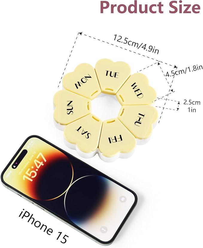 MOLN HYMY Large Weekly Pill Box 7 Day, Pill Case Organizer, Flower Pill Container Once Daily, Round Medicine Dispenser for Vitamin/Fish Oil/Medication/Supplement (Yellow)