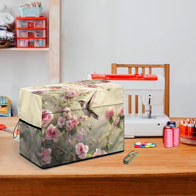 Hummingbird Flower Patterned Sewing Machine Cover Fit Standard Sewing Machines, Features a Convenient Mesh Pocket for Accessories, Adds a Touch of Spring Flair to Your Sewing Space