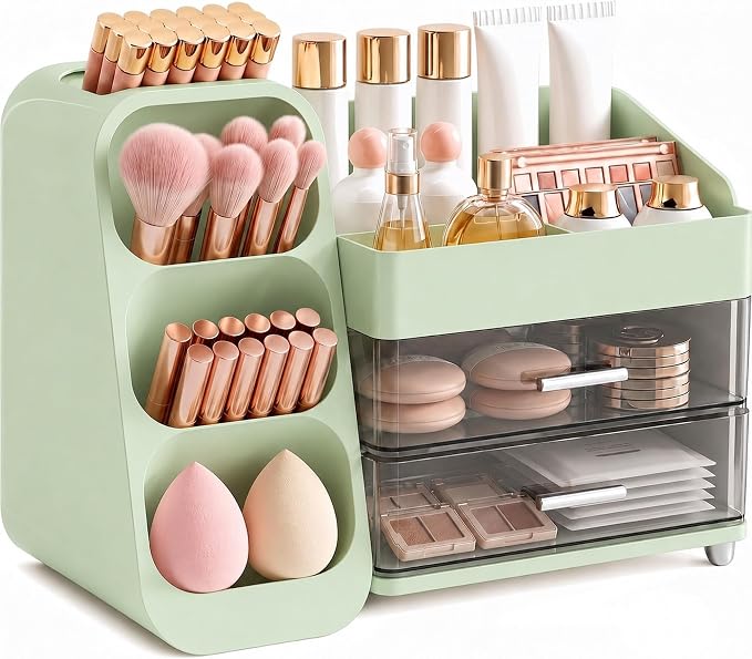Large Makeup Organizer Countertop for Vanity Skincare Organizers Green | Cosmetic Organizer with Brush Holder and 2 Drawers, Beauty Makeup Storage for Lipsticks, Nail Polishes, Eyeshadow Palettes