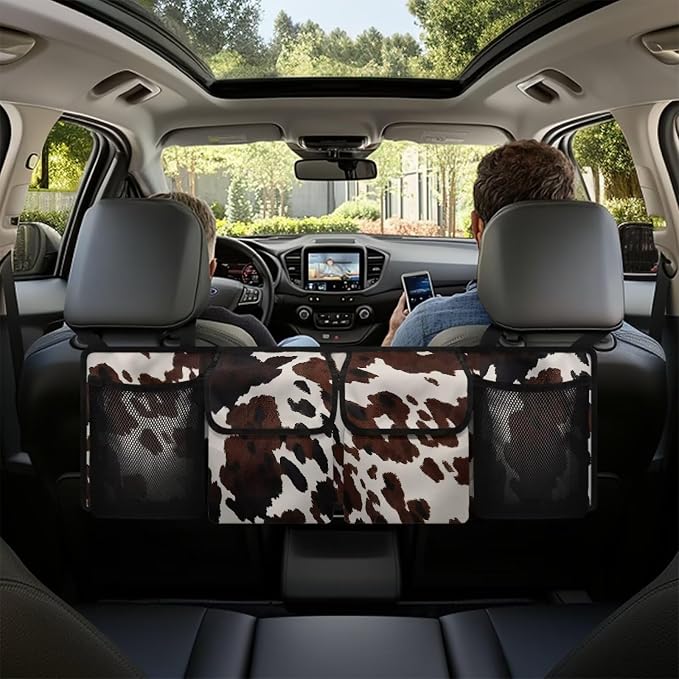 Dreaweet Brown Cow Print Car Trunk Organizer for Sedan Collapsible Hanging Car Storage Organizer Accessories Interior for Women Large Capacity 4 Pockets Car Organizer for SUV Trucks Minivan