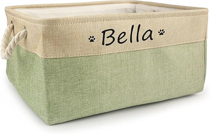 Personalized Dog Toy Basket with Name,Custom Dog Toy Basket,Paw Prints Pet Food Storage Container,Dog Toy Box for Small Dogs,New Puppy Supplies (Green,L 41X32X21cm)