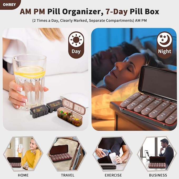Pill Organizer 2 Times a Day, Weekly Travel Case for Vitamins, Fish Oils + 2 Detachable Cute Boxes (Brown)