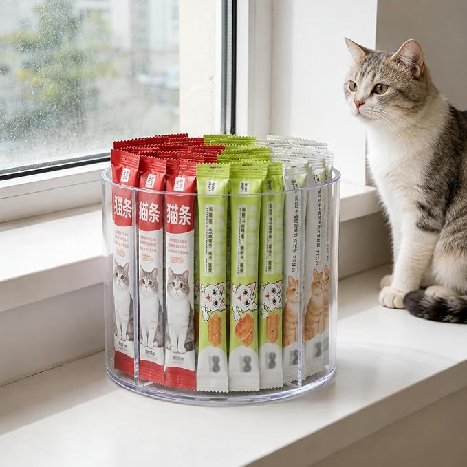 Lickable Cat Treats Organizer, Clear Acrylic Lazy Susan Cat Treat Holder with 4 Compartments, Squeeze Up Cats Food Storage for Wet Treat Tubes, Puree Snacks, Countertop Pantry Shelf