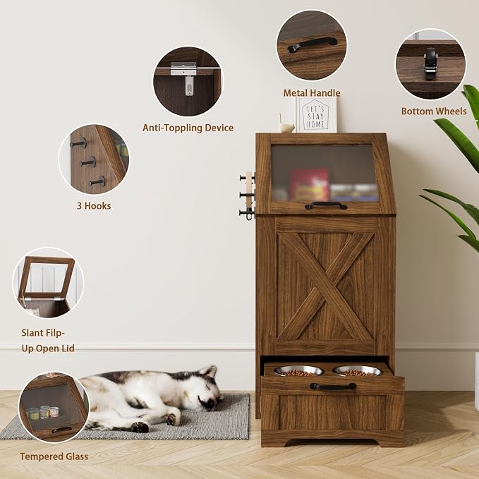 Dog Feeding Station with Storage Cabinet & 2 Elevated Bowls,Walnut | All-in-one Pet Feeding Station: Sealed Food Bin + 2 Pull-out Elevated Bowls + Shelf + Side Hooks. Moisture-Proof.