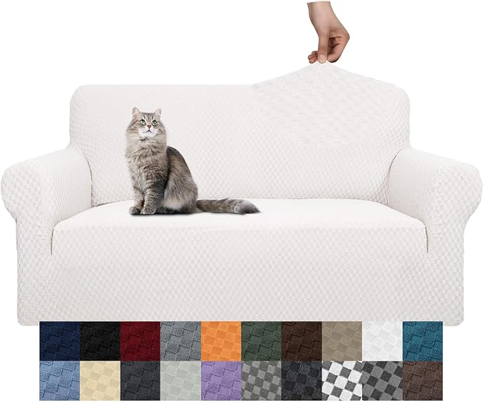 YEMYHOM Couch Cover Latest Jacquard Design High Stretch Sofa Covers for 2 Cushion Couch, Pet Dog Cat Proof Loveseat Slipcover Non Slip Magic Elastic Furniture Protector (Medium, White)