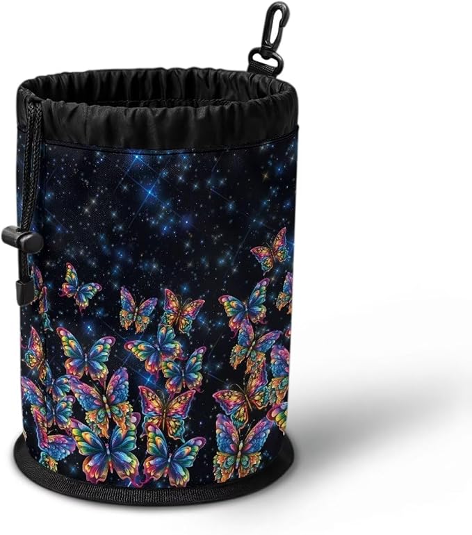 Rainbow Butterfly Clothespin Bag Holder Outside, Hanging Clothes Pin Bag with Drawstring Closure, Large-Capacity Clothespin Storage Organizer with Hooks