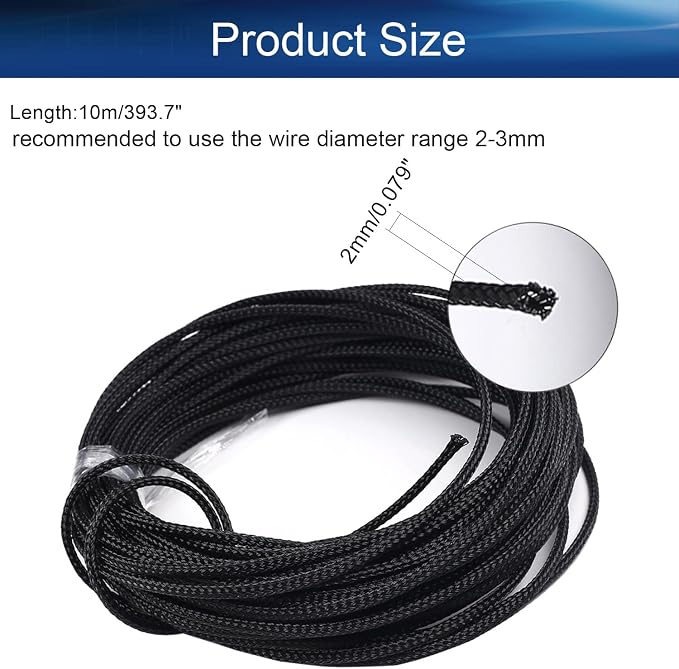 Heyiarbeit 10m/32.8ft PET Expandable Braided Sleeving 0.08-inch Width Flexible Wire Mesh Sleeve for USB Cable Power Cord Audio Video Cable - Protect Cat from Chewing Cords - Black