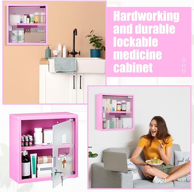 Timgle First Aid Wall Cabinet with Lock Medicine Wall Mounted Bathroom Storage Hanging Medical Cabinet with Safety Glass Door for Bathroom (2 Shelves,Pink)
