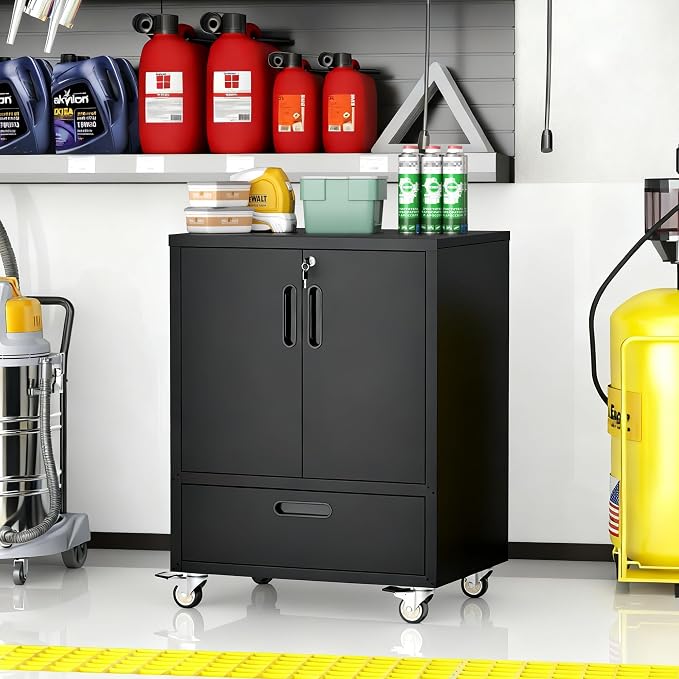 Metal Storage Cabinet for Garage, Tool Cabinet, Utility Cabinet | Wheeled, Rolling Tool Cabinet, Lockable, 2 Doors,1 Drawer, Assembly Required, Black