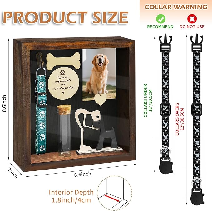 8.6'' Pet Shadow Box Memorial Gift with 1.8in Depth, Rustic Collar Holder Picture Frame Paw Print Kit Dog Cat Wooden Sculpture Pet Ashes Fur Jar Rainbow Sympathy Gift Tabletop Wall Hanging
