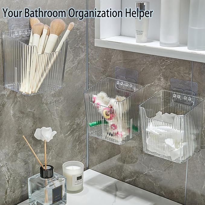 Lae Nuvole Clear Adhesive Wall Organizer Bins, Cabinet Door Storage, 4 Pack | 8 adhesive pads, No Drill, PET, stackable, space-saving; renter friendly, for Bathroom, Kitchen, Pantry, RV, Dorm, Office