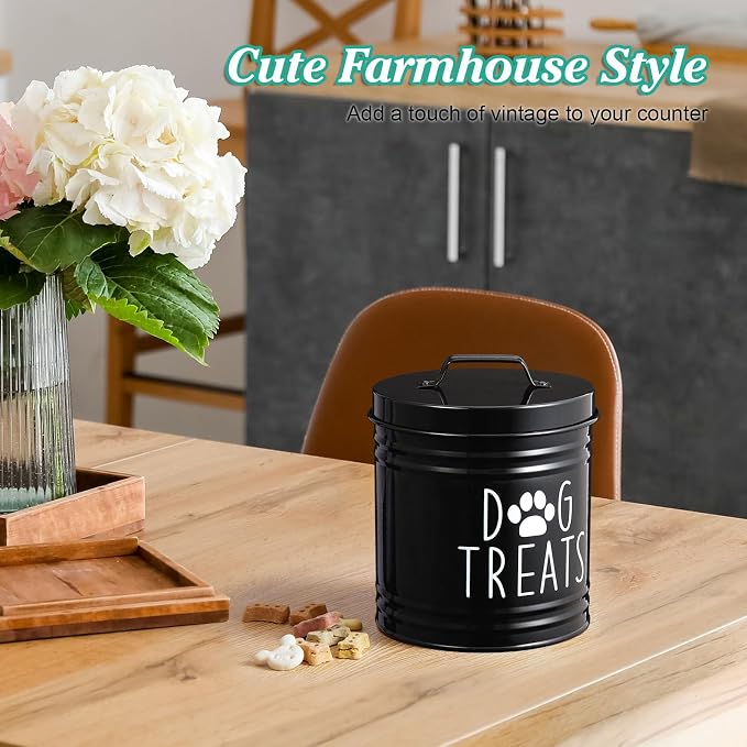 OUTNILI Large Dog Treat Container Airtight - 6.6" Tall X 6" Round Black Dog Treat Jar for Kitchen Counter - Rustic Treat Storage Canister for Dogs, Cats, Small Animals