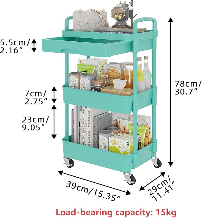 Calmootey 3-Tier Utility Cart with Drawer & Wheels, Storage for Home,Office | Space-Saving Organizer, Sturdy Plastic Shelves, Smooth-Rolling Metal Wheels, Built-in Drawer for Small Items, Green