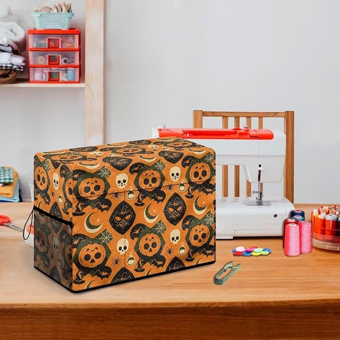 Sewing Machine Cover,Halloween Skull Pumpkin Print,Orange | Dust & Pet Hair Protection,Fits Standard Singer, Brother and Janome Machines, Protecting & Decorating Your Sewing Space