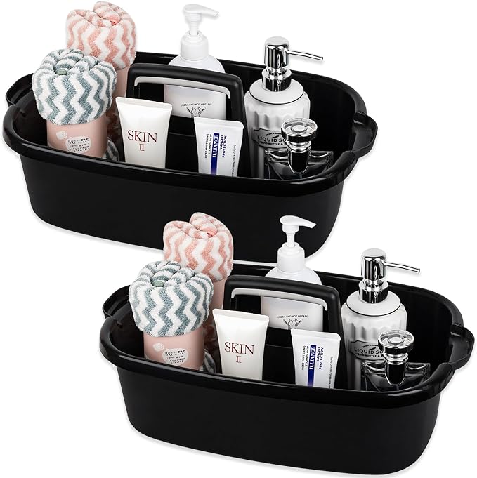Large Cleaning Supplies Caddy Portable Shower Caddy Basket Black 2 Pack | Sturdy Supply Organizer with Handle Plastic Bucket Tool Storage for Bathroom Bedroom Kitchen Garden College Dorm Essentials