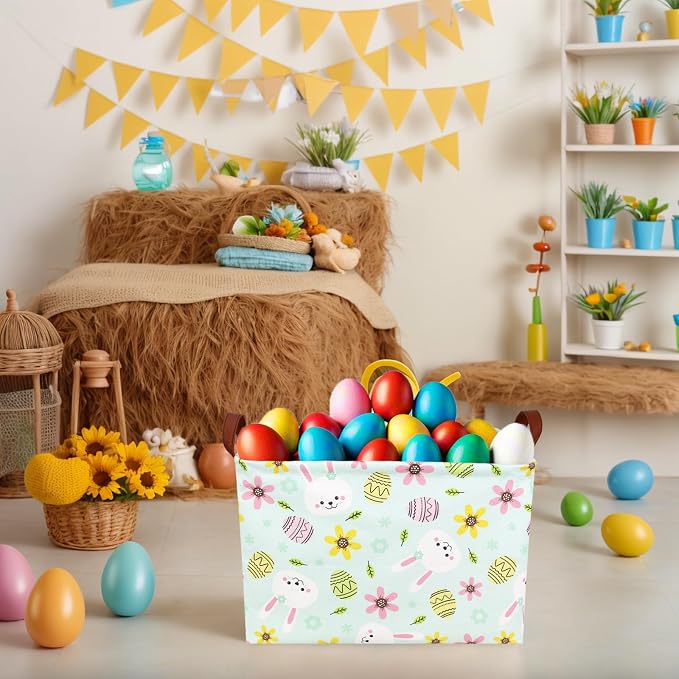 Large Empty Easter Basket for Kid Fabric Personalized Bunny Eggs Easter Gift Basket for Boy and Girl (Rabbit Blue Background)
