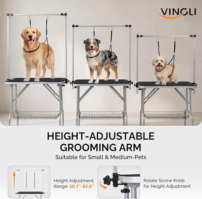 VINGLI Dog Grooming Table, Adjustable Cat Grooming Desktop with Arms and Storage Basket, Pet Grooming Stand at Home (Black, 36 inch)