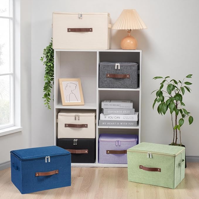 Storage Bins with Zipper Lid Decorative Lidded Storage Boxes | Collapsible Cotton Linen Fabric Storage Baskets, PU Leather Handle, Stackable Shelf Closet Organizer Container(Purple, Large)