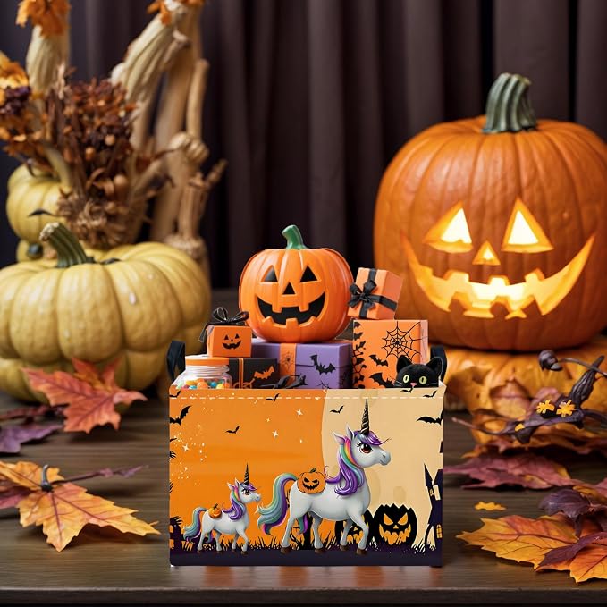 Halloween Basket Gift Cute Pumpkin Ghost Parties Decor Kid Trick or Treat Basket for Boys and Girls Rectangular Storage Bin Box (Unicorn Bat)