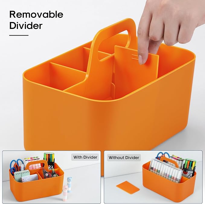 Multiuse Caddy Organizer with Handle, Portable Divided Plastic Tote Bin - Art Craft, Stationary Pen Marker Crayon, Makeup Hair Supplies Storage - Bathroom, Classroom, Dorm, Office, Desk Holder -Orange