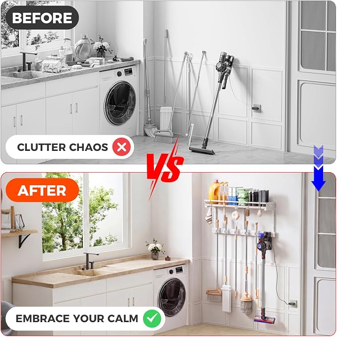 Broom Holder Wall Mount with Shelf,Broom Hanger,3 in 1 Broom and Mop Organizer Wall Hanging for Laundry,Garage,Utility,Broom Rack,Vacuum Stand Alternative,Cleaning Supplies Organizer Storage,White,L