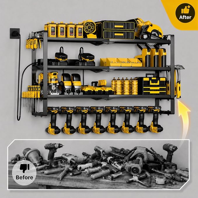 Power Tool Organizer Wall Mount with Charging Station,4 Layer,5 Outlets | 8 Drill Holder,Loads 400LBS,Heavy Duty Metal Extra Tall Tool Shelf,For Tool &Battery Storage,Utility Racks for Garage