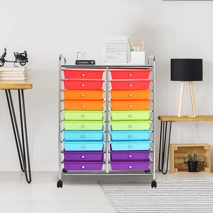 20 Drawer Rolling Storage Cart, Art Cart Organizer with Wheels for Makeup, Tool, Paper, Multipurpose Craft Storage Cart with Drawers for Office, Home, Classroom, Teacher, School (Multi-Color)