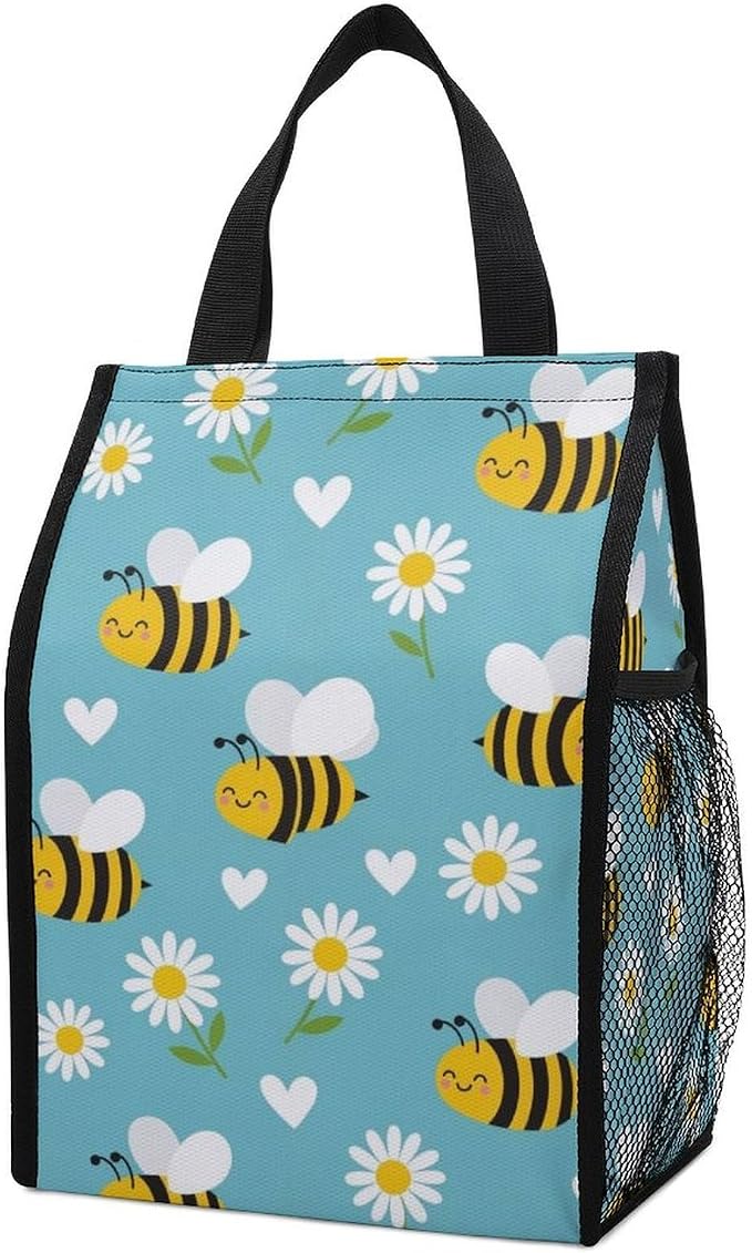 Reusable Thermal Lunch Tote Bag Compatible with Yellow Bee Cute Flower Daisy Sky Blue Lunch Box, Portable Insulated Picnic Cooler Bags Food Container Organizer