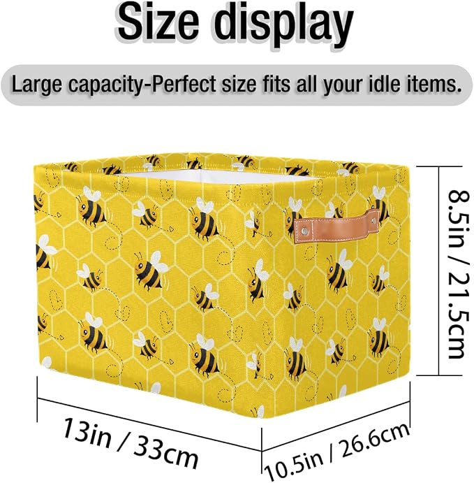 AUUXVA Storage Basket Yellow Bee Storage Cube Box Set of 2 Durable Canvas Collapsible Toy Basket Honeycomb Beehive Organizer Bin with Handles for Shelf Closet Bedroom Home Office