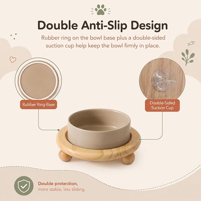 Havniva Raised Cat Bowl 5.1” Elevated Ceramic Cat Food and Water Bowl | Cat Bowls Elevated, Whisker Friendly Cat Bowl, Non-Slip Wood Stand, Food-Grade Ceramic, Wide Opening, Dishwasher Safe