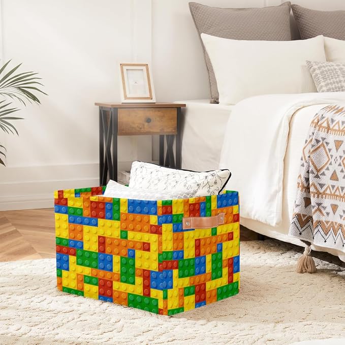 Rectangle Storage Basket with Handles, Cube Organizer Bins for Shelves Collapsible Toys Storage Box Clothes Baskets for Nursery Home Kids Room(Colorful Building Blocks)