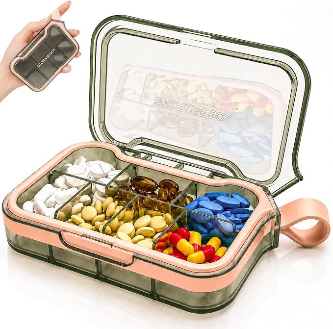 Small Pill Case, Travel Pill Organizer, Pocket Size Medicine Box | 7 Compartments Compact Pill Box for Fish Oil Vitamins Supplements Daily Medications, Purse Backpack Office