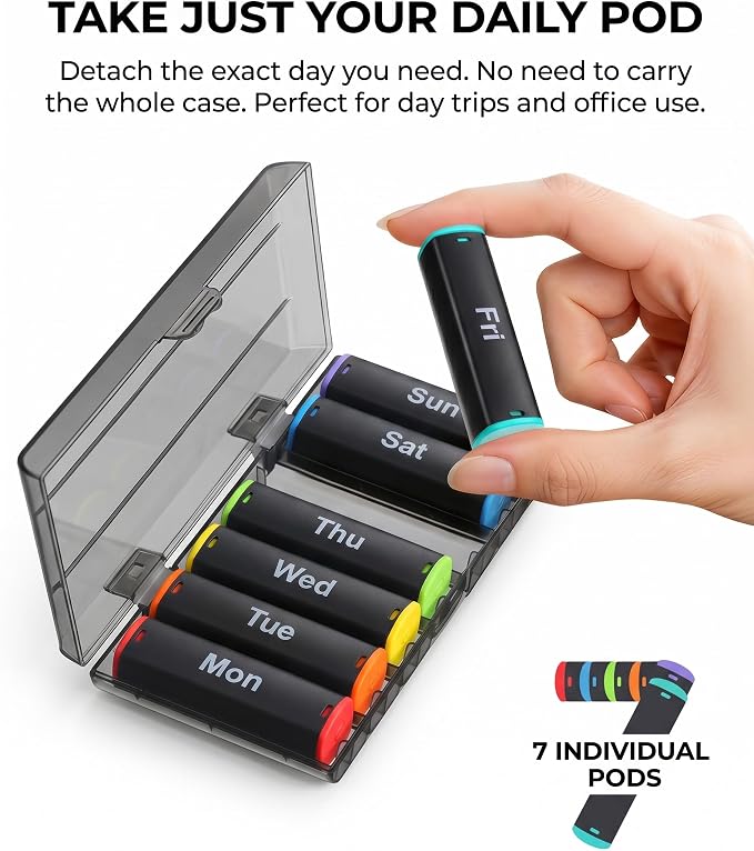 CAidRE 7 Day AM PM Weekly Pill Organizer - 2 Times a Day Large Travel Box | Holds Large Fish Oils, Removable Daily Pods for Travel, Soft Easy-Open Lids for Seniors, Durable Water-Resistant Case, Black