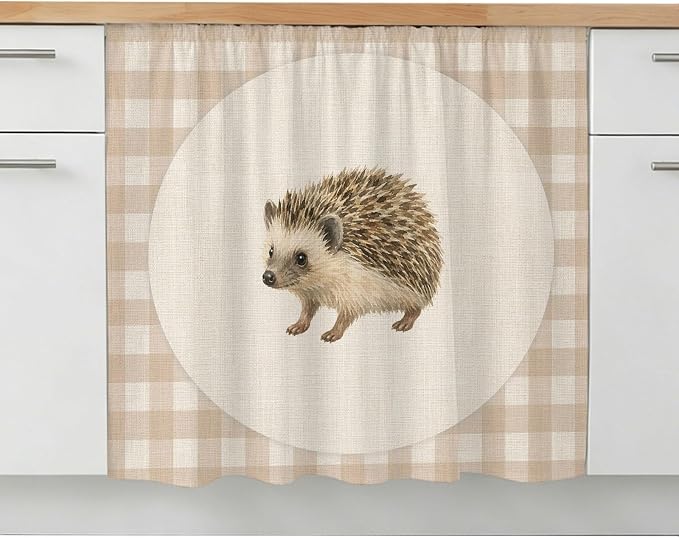 Hedgehog Oven Skirt Curtain for Kitchen Decor 28"x35", Vintage Farmhouse Linen Plaid Rustic Animal Self Adhesive Stove Curtains Skirt Cabinet Curtains for Bathroom Laundry Room