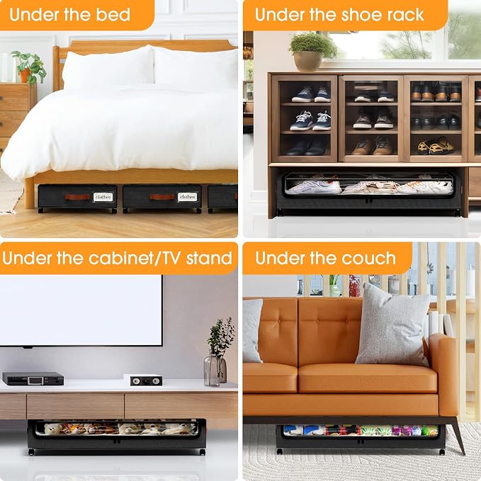 Under Bed Storage with Wheels 2Pack Storage Containers with Clear Window | Under Bed Drawers Rolling Under Bed Storage for Clothes,Shoes, Blankets (30.71 x 16.93 x 6.69 in, Black)