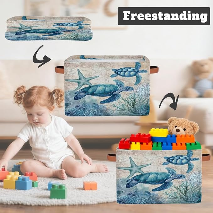 Pardick Storage Baskets Bin, Vintage Turtle Ocean Collapsible Canvas Fabric Storage Bin Decorative Baskets Toy Organizer Rectangle Storage Boxes with handles for Home Shelves Nursery,Q-6