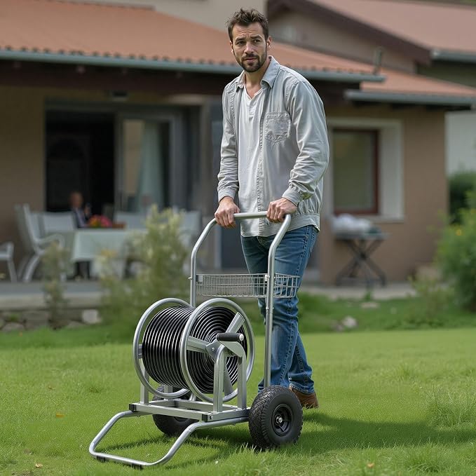 VEVOR Hose Reel Cart, 200/300ft High-Pressure Garden Hose Cart, Hoses Reel Carts with Two Wheels, Handle & Heavy-Duty Mesh Storage Basket, Dual-Purpose Portable Hoses Reels for Garden, Car, Pet