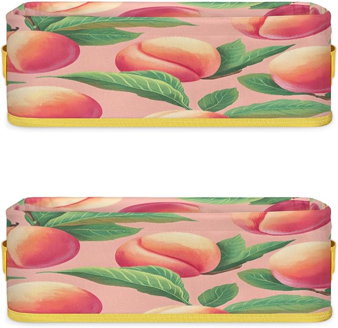 Watercolor Peaches Bathroom Storage Basket Waterproof Foldable Storage Bins with Handles Decorative Toilet Paper Storage Basket for Organizing for House Bathroom Toiletries Set of 2