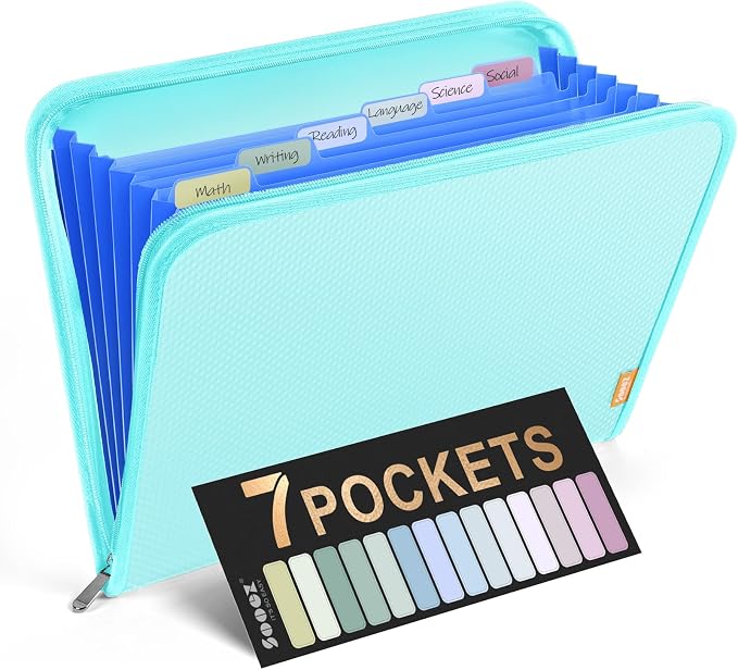 Sooez 7 Pockets Accordion File Organizer, Zipper Expanding File Folder A4 | Reinforced Plastic Accordion Folder Organizer, A4 Letter Size Portable Folders for Documents, School Office Supplies Sky Blue