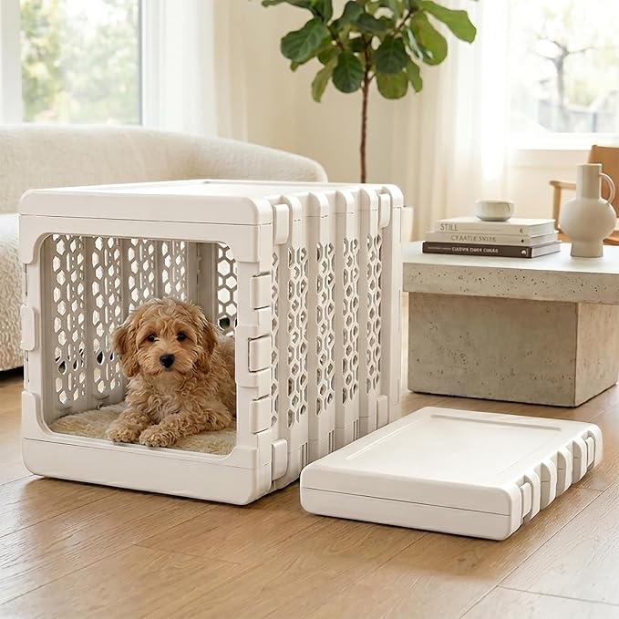 PAWD Collapsible Dog Crate, Portable Indoor Outdoor Kennel for Dogs 15–25 lbs, French Bulldog, Dachshund, Maltese, Pomeranian, Medium, 26" L x 20" W x 21" H, 12 lbs, White
