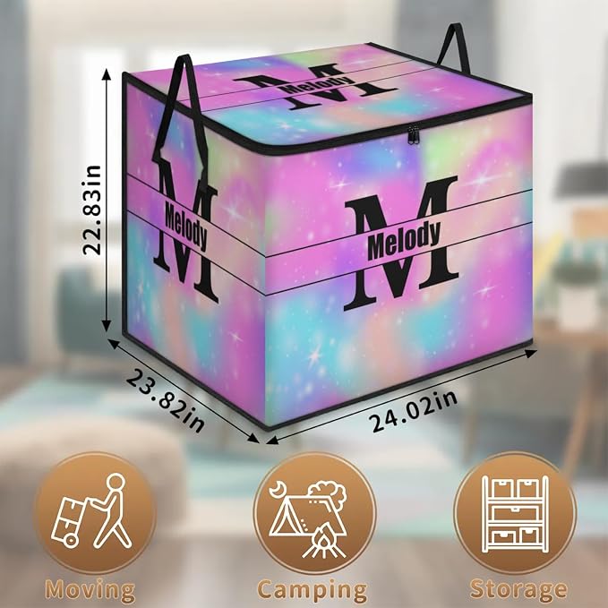 Personalized Large Storage Basket with Lid, Canvas Storage Bins Quilt Clothes Organizer for Bedroom, Kitchen, Bathroom, Nursery, Shelves, Closets, Watercolor Blue Pink Galaxy with Initial Letter