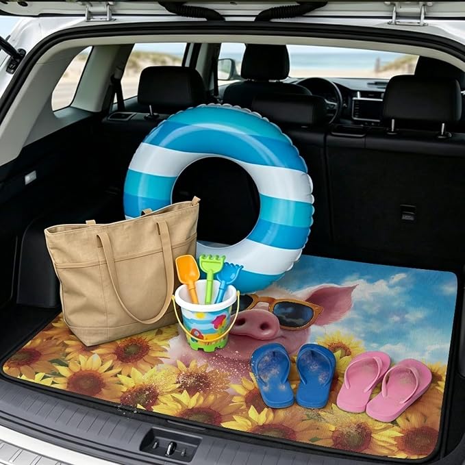 Funny Floral Pig Car Trunk Mat for Camping, Non Slip Backing Rear Cargo Mat Picnic Protector Trunk Liner Dustproof, Easy Clean, All Weather