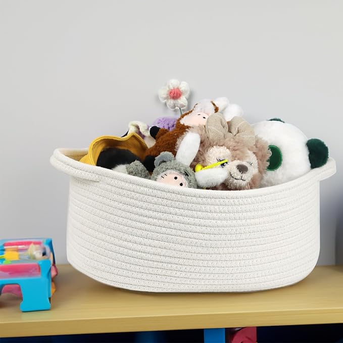 Woven Cotton Rope Storage Basket with Handle, White, 13 Inch | Empty Gift Basket, Bathroom and Closet Organizer, Nursery Toy Storage, Decorative Boho Basket, Shelf Storage Bin