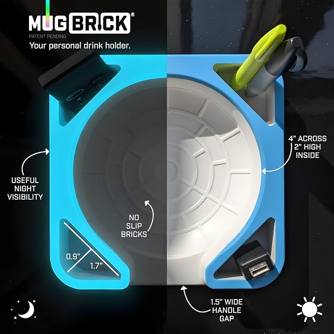 MugBrick™ Glowing Cup Holder. Anti-Spill Drink Caddy for Couch. Desktop Cup Holder Organizer. Portable Mug Holder. Dishwasher Safe Drink Tray. Black + Green Glow